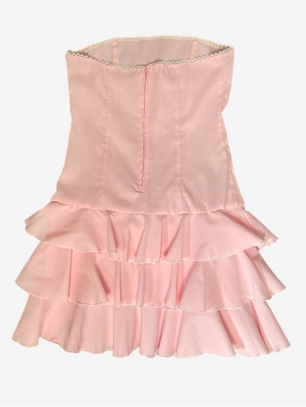 Vintage Y2K Luly K Pink strapless tiered ruffle mini dress lace bow coquette M - Picture 10 of 10